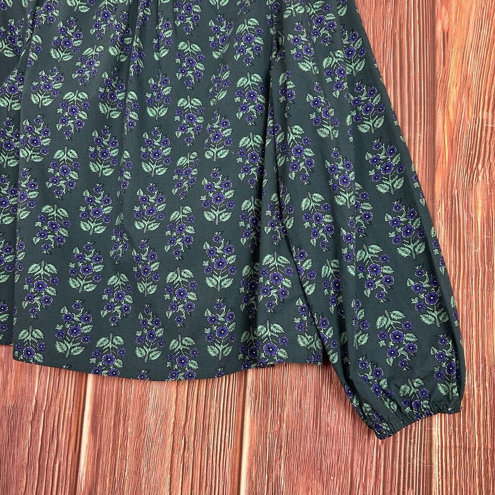 J Crew Long Sleeve Ruffle-Neck Poplin Green Floral Blouse Size Large Cottagecore - Picture 4 of 6